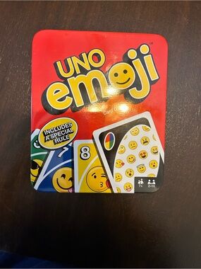 Mattel UNO Emoji Card Game in Collectible Res and Yellow Tin